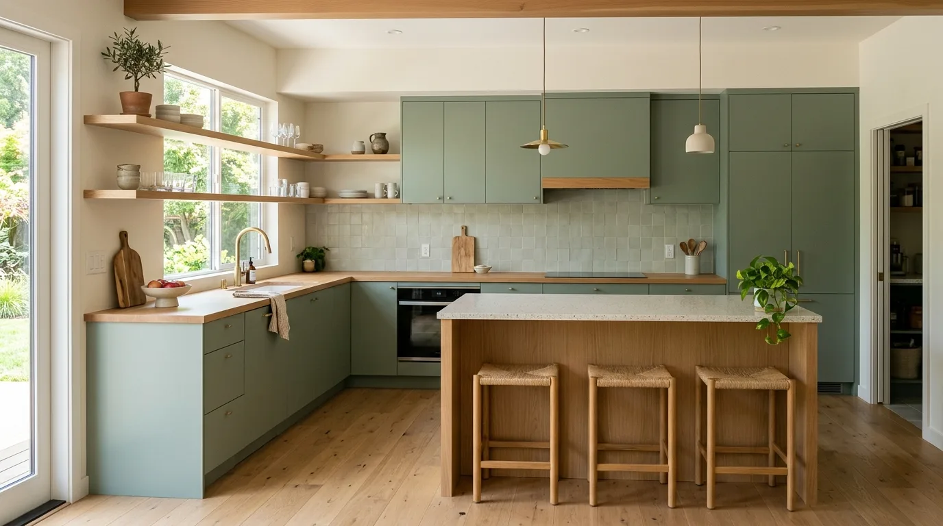 Use stone counters to calm and support the cabinet color inspiration for a green kitchen.